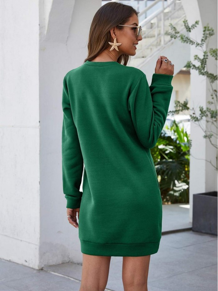 Women's Casual Solid Long Sleeve Crew Neck Pocketed Tunic Sweatshirt Dress 