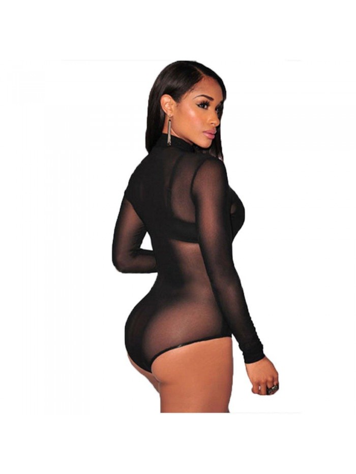 Women's Sheer Mesh Turtleneck Neck See Through Leotard Bodysuit Body Tops 