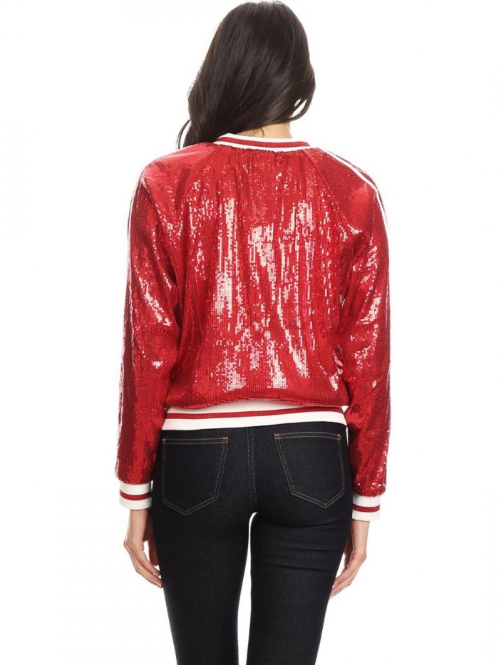 Womens Long Sleeve Front Zip Track Stripe Sequin Bomber Jacket 