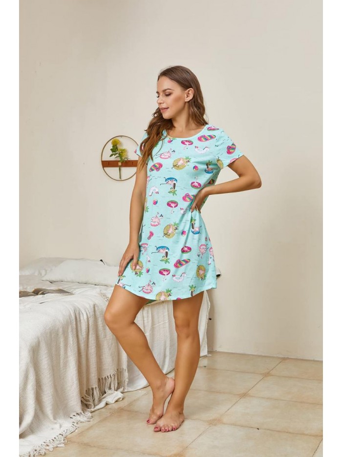 Women's Cotton Nightgown Sleepwear Short Sleeves Shirt Casual Print Sleepdress 