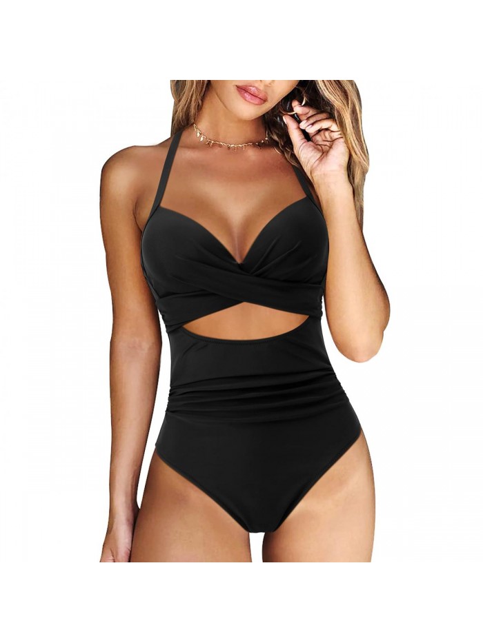 Women Cutout One Piece Swimsuit Tummy Control Cross Back Bathing Suit 