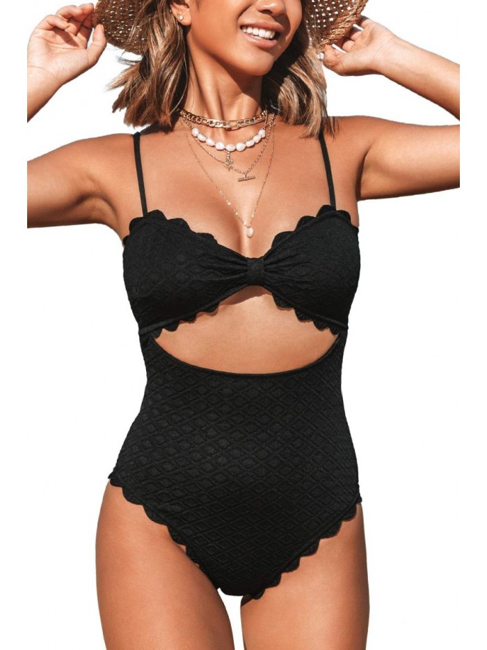 Women's One Piece Swimsuit Sexy Black Cutout Scallop Trim Bathing Suit 