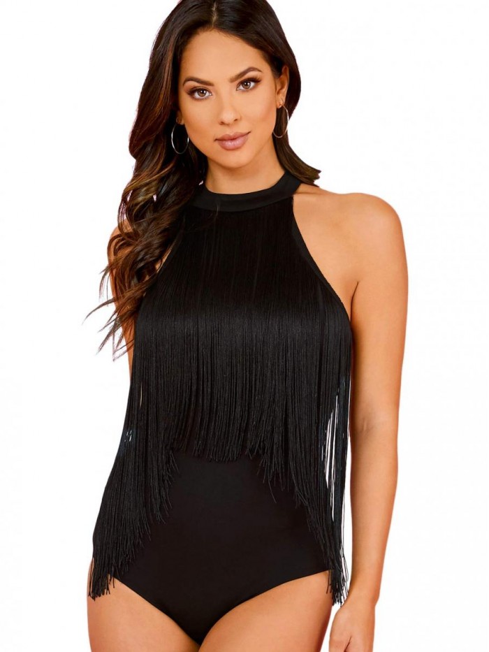 Verdusa Women's Fringe Trim Sleeveless Bodycon Halter Bodysuit Top