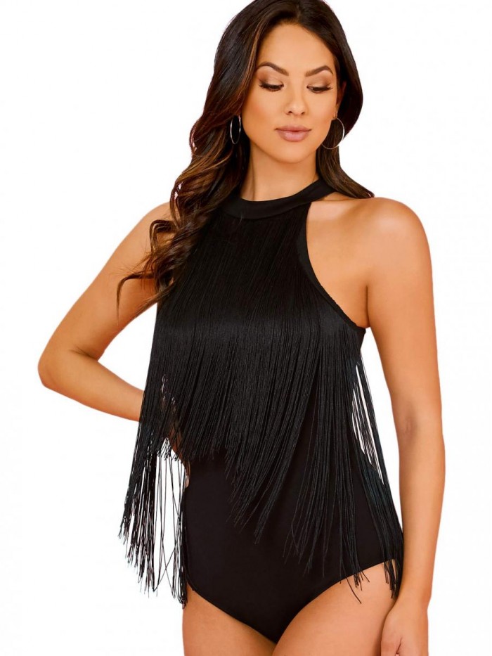 Verdusa Women's Fringe Trim Sleeveless Bodycon Halter Bodysuit Top