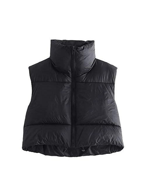 Winter Crop Vest Zip Up Stand Collar Sleeveless Cr...