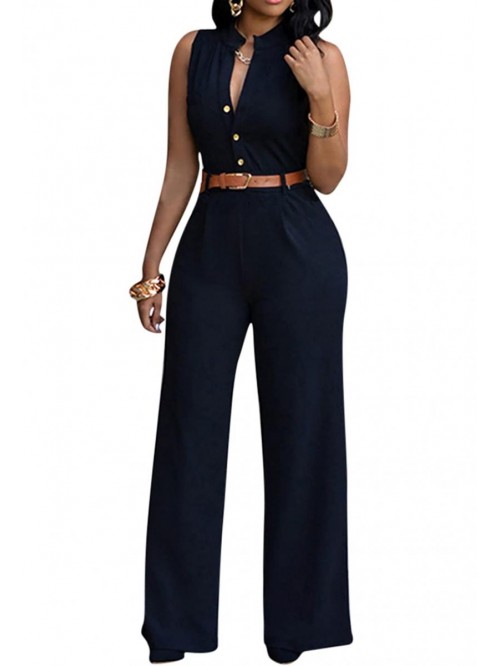 Women Wide Leg Jumpsuit Button Up Sleeveless Long ...