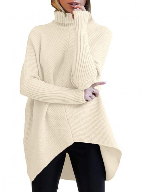 Womens Turtleneck Long Batwing Sleeve Asymmetric H...