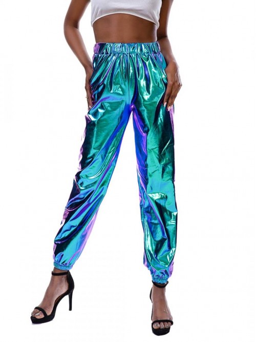 Womens Shiny Metallic High Waist Stretchy Jogger P...