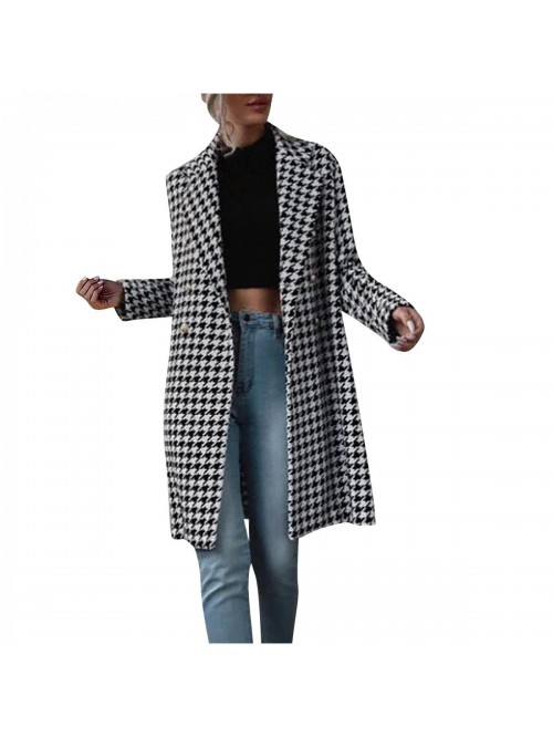 Women's Long Houndstooth Trench Jacket Elegant Not...