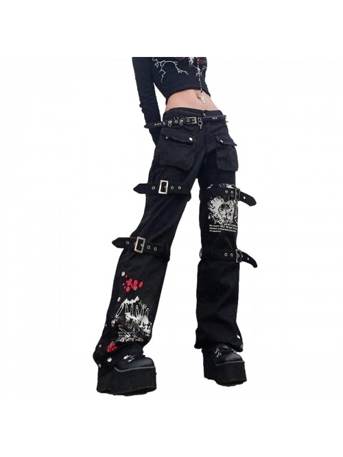 Women Harajuku Goth Pants Wide Leg Low Rise Baggy ...