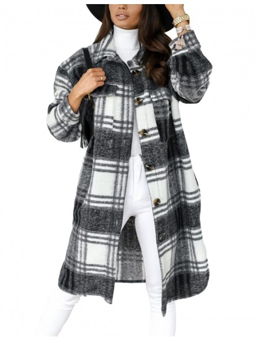 Women's Classic Woolen Button Down Plaid Long Coat...