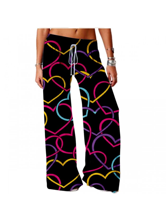 Women's Heart Print Pants Casual Comfy Stretch Wide Leg Pants Trousers 