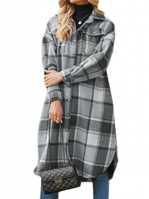 Womens Casual Flannel Plaid Button Down Jacket Lon...