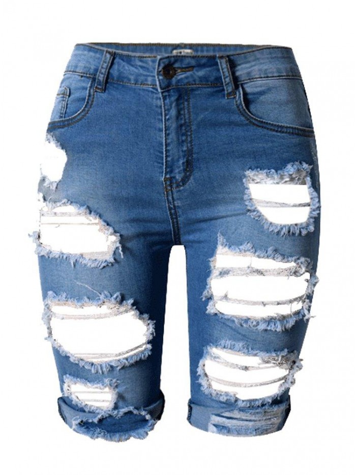 Womens High Waist Ripped Hole Washed Distressed Short Jeans 