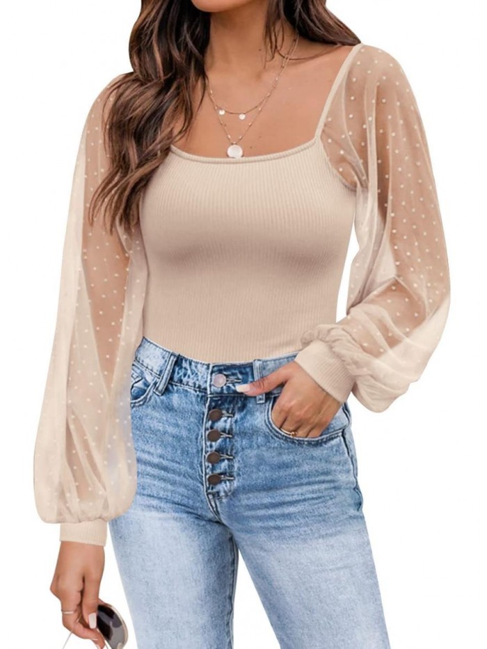 Womens Mesh Long Sleeve Shirts Casual Blouses Tops 