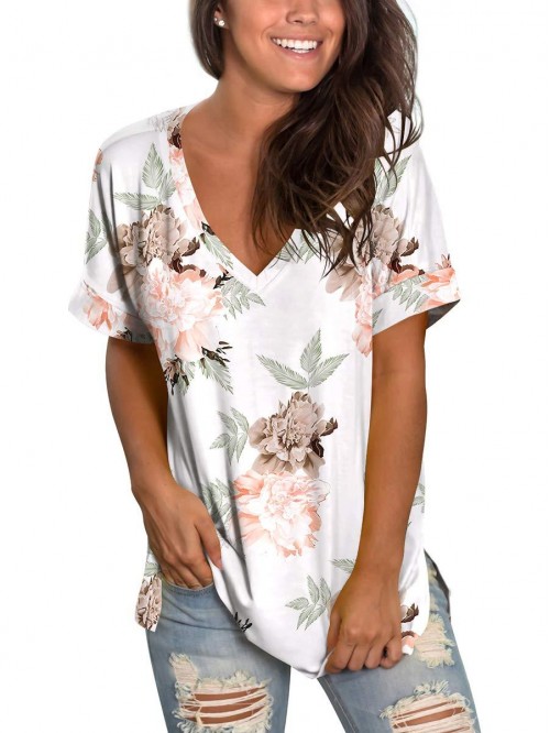 Women's Floral Tops Short Sleeve V Neck Tee T Shir...