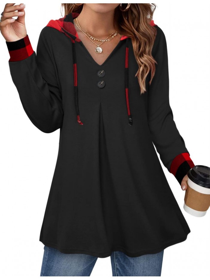 Women's Long Sleeve Hooded Tunic Tops Button Swing Pullover Hoodie Sweatshirts 