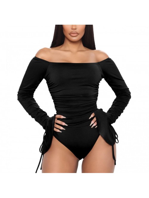 Long Sleeves Bodysuit Off Shoulder Pleated Flared ...