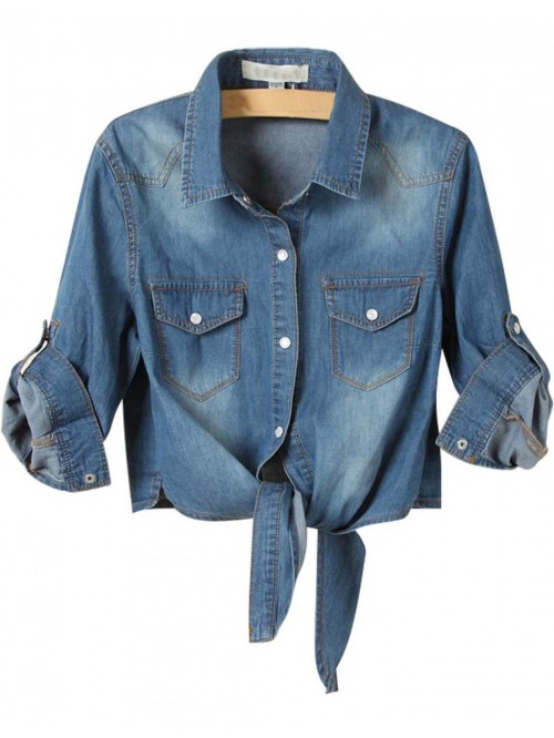 Women's 3/4 Sleeve Denim Crop Top Tie Knot Shirt C...