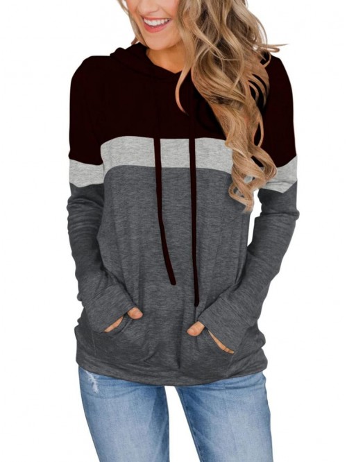 Women's Casual Color Block Hoodies Tops Long Sleev...