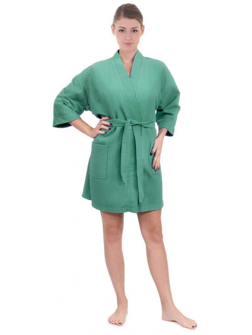 Knee Length Waffle Weave Kimono Bathrobe, Short Sp...