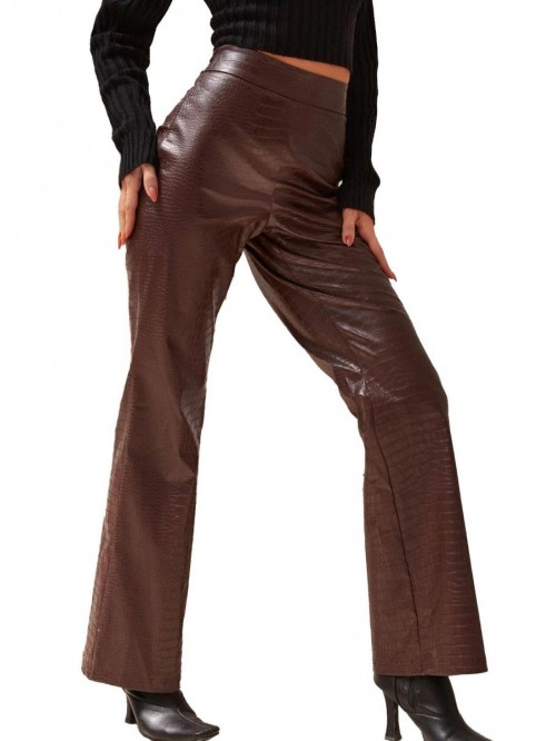 Crocodile Effect Straight Leg PU Leather Trousers ...