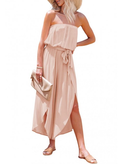 Women's Strapless Tube Top Jumpsuit Slit Wide Leg ...