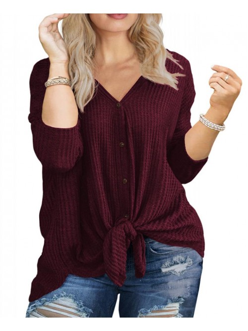 Womens Plus Size Tops Long Sleeve V Neck Waffle Kn...