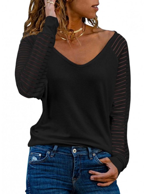 Women's Casual V Neck Tops Long Sleeve Shirts Stri...