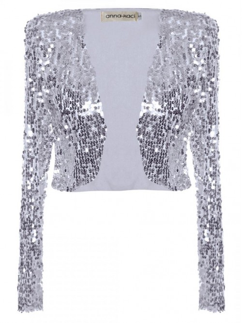 Womens Shiny Sequin Long Sleeve Cropped Blazer Bol...