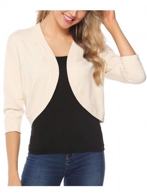 Women Open Front Cardigan 3/4 Sleeve Cropped Boler...