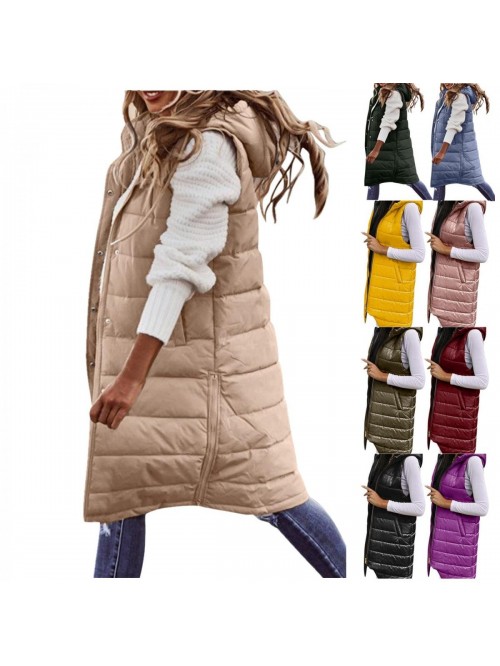 Women's Long Down Vest Plus Size Sleeveless Hooded...