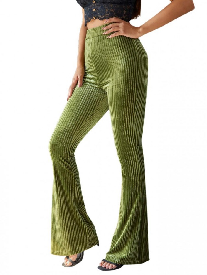 Women's Velvet Elastic Waist Flare Leg Palazzo Long Pants Trousers 