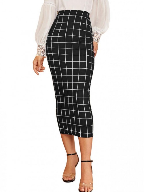 Women's Elegant Plaid Elastic Waist Bodycon Midi S...