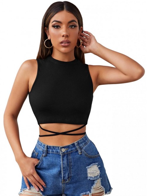 Women's Crisscross Tie Back Crop Top Sleeveless Ro...