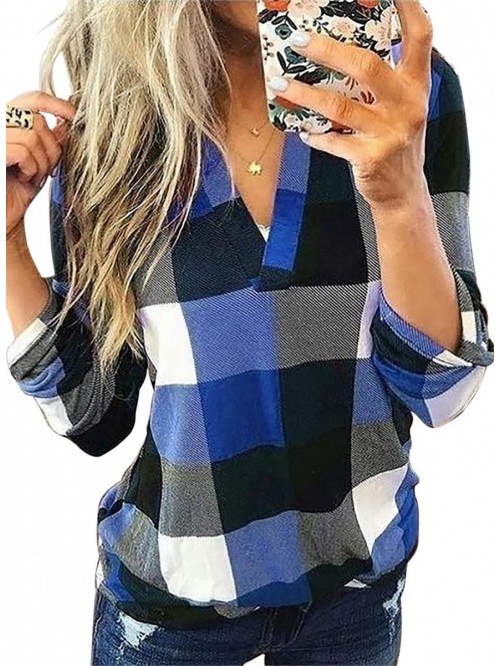 Women's Roll-Up Long Sleeve Plaid Shirt Tops Casua...