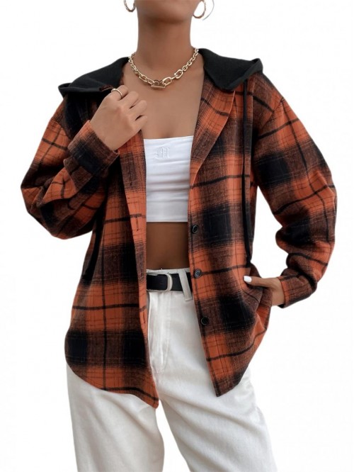 Women's Plaid Print Long Sleeve Drawstring Hoodie ...