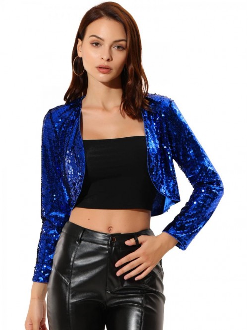 K Women's Sequin Jacket Long Sleeve Open Front Cro...