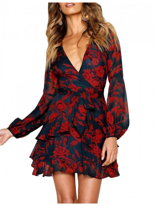 Women Long Sleeve V Neck Dress, Floral Mini Swing ...