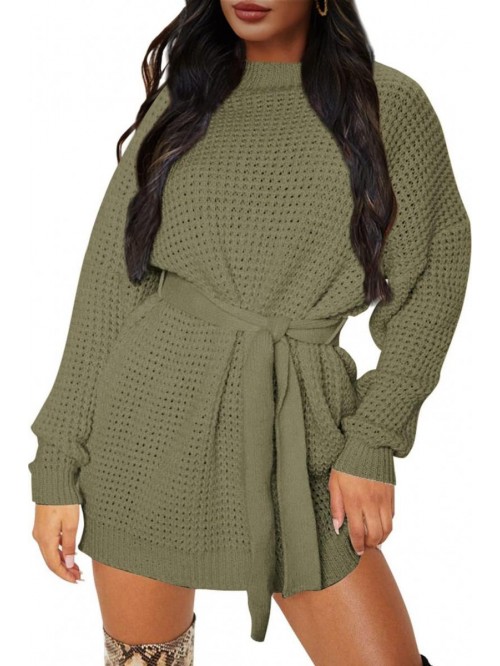 Women's Casual Long Sleeve Waffle Knit Tie Waist L...