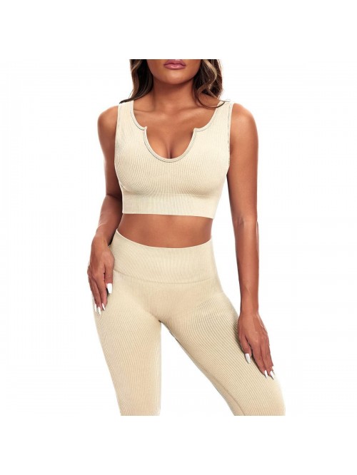 Womens Workout Set 2 Pieces Ribbed Crop Top Seamle...