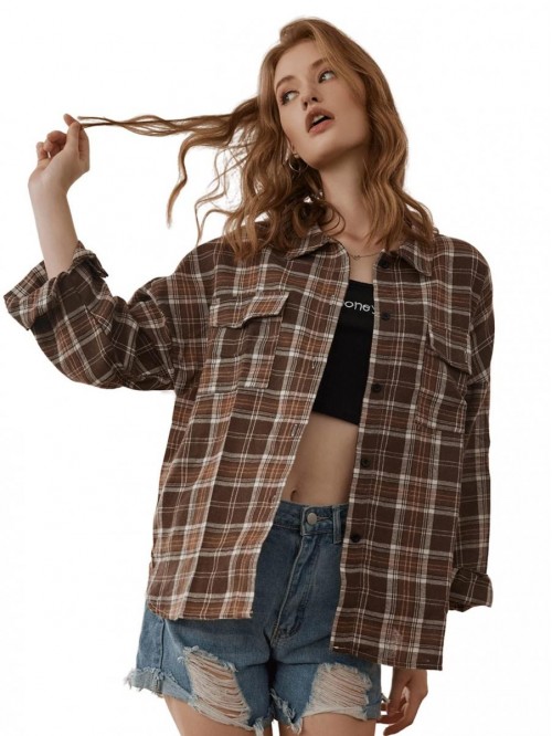 Women's Long Sleeve Collar Long Button Down Plaid ...