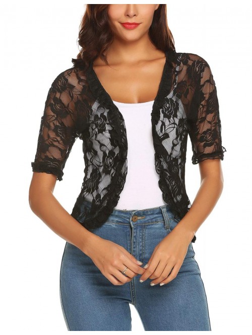 Women's Lace Crochet Cardigan Ruffle Half Sleeve O...