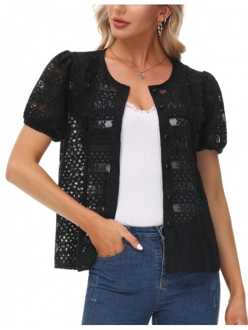 Poque Women Short Sleeve Lace Cardigan Button Up C...