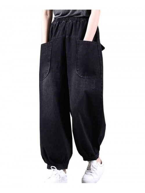 Women's Wide Leg Harem Jeans Elastic Waist Loose B...