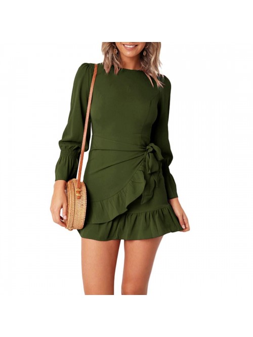 Womens Long Sleeve Round Neck Ruffles Wrap Dresses...