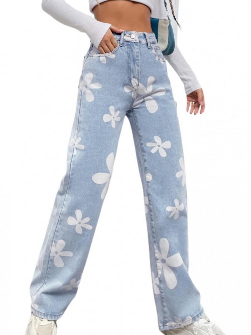 Women's Floral Print High Waist Straight Leg Jeans...