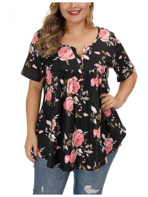 Women's Plus Size Floral Blouses Henley V Neck But...