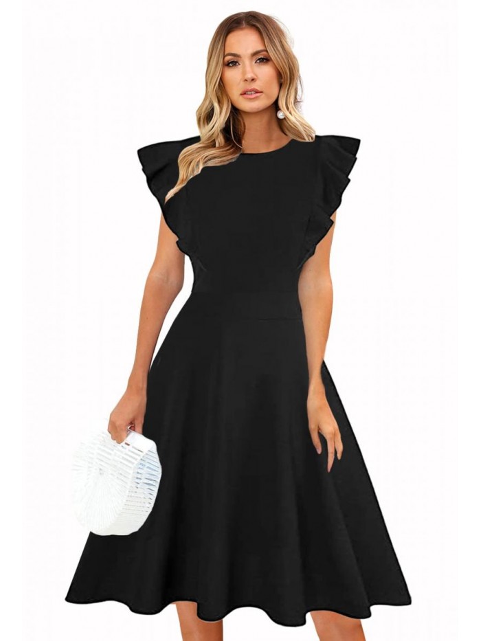 Womens Dresses Elegant Ruffles Cap Sleeves Summer A-Line Midi Dress 