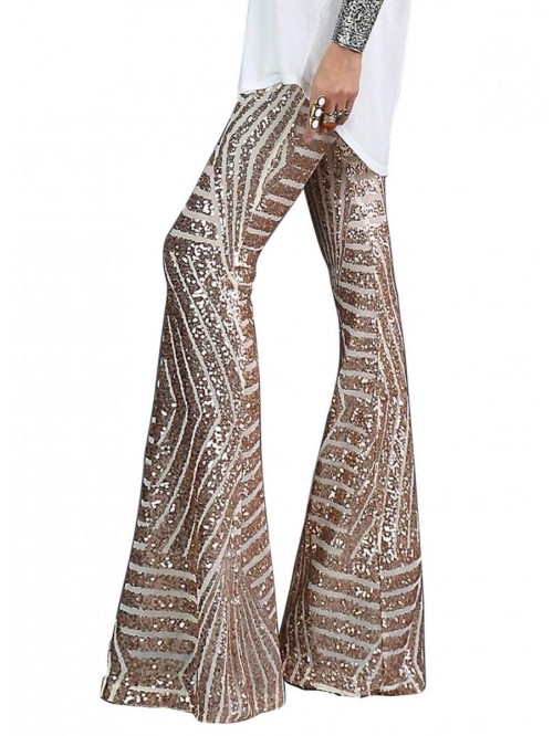 Womens High Waist Sequin Sparkle Flared Pants Wide...